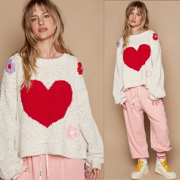 (31)❤️New POL Embroidered Heart Sweater, Balloon Sleeves❤️ - Picture 4 of 5